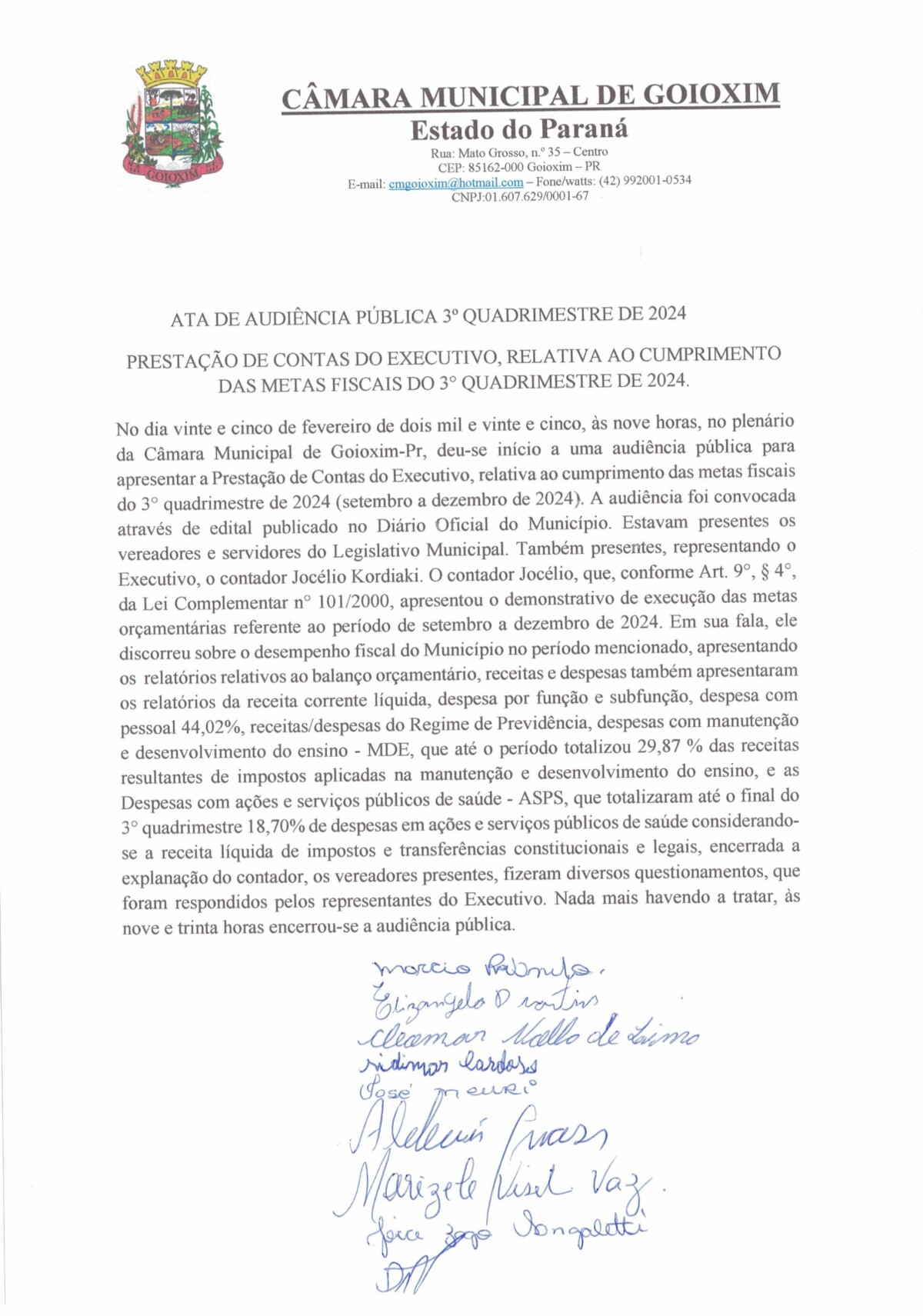Ata da Audiência Pública do 3° Quadrimestre de 2024